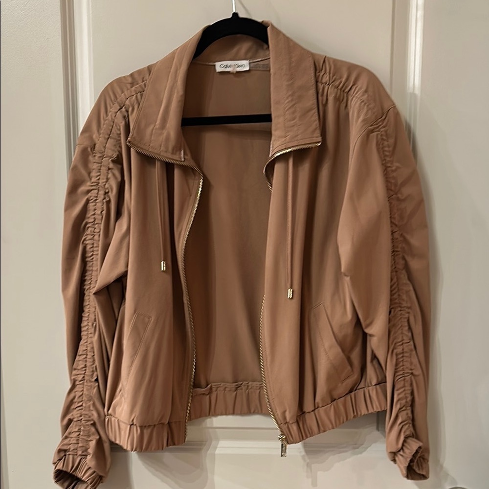Calvin Klein Pinky/Tan Bomber Jacket with Ruched Sleeves